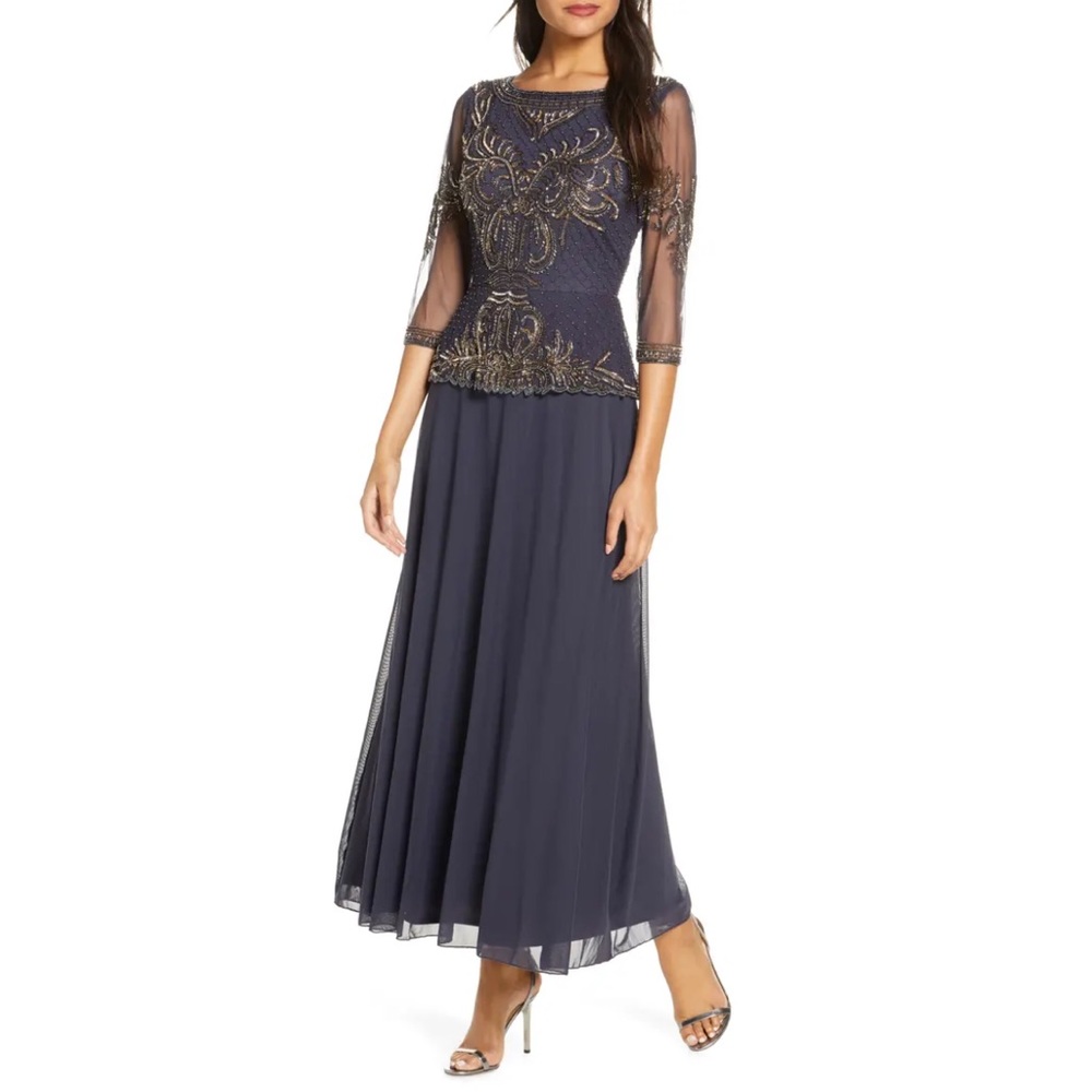 Pisarro Nights Navy Maxi Dress with Gold Embellished Bodice